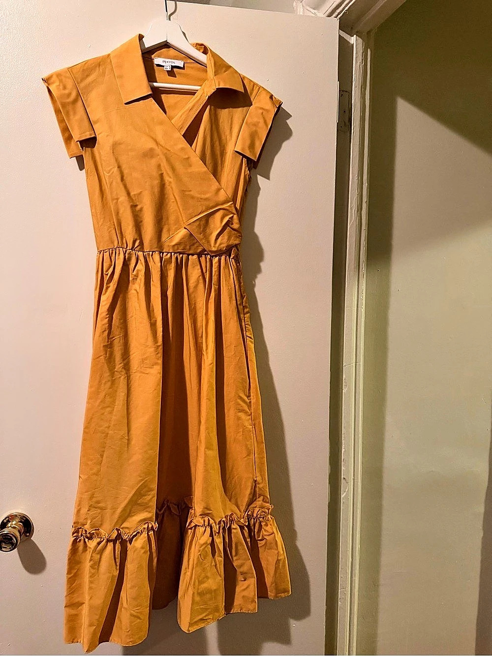 IPEKYOL Mustard Yellow Wrap Ruffle Midi Dress